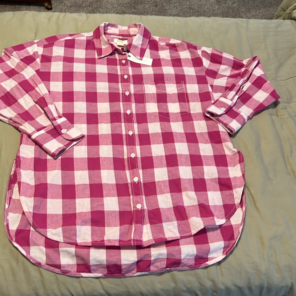 NWT Maeve / Anthropologie Pink Combo Buffalo Plaid Oversized Shirt size Small